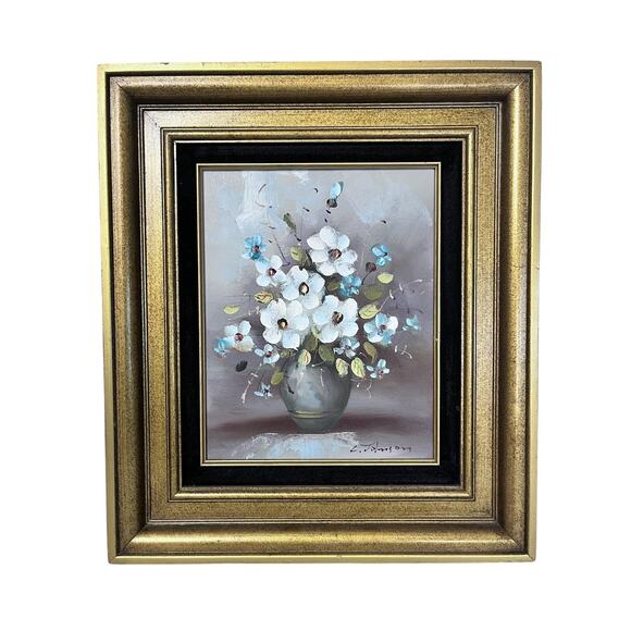 Vintage Floral Oil Painting | Gold Framed Wall Art, Mid-Century Moody Still Life - Picture 1 of 10